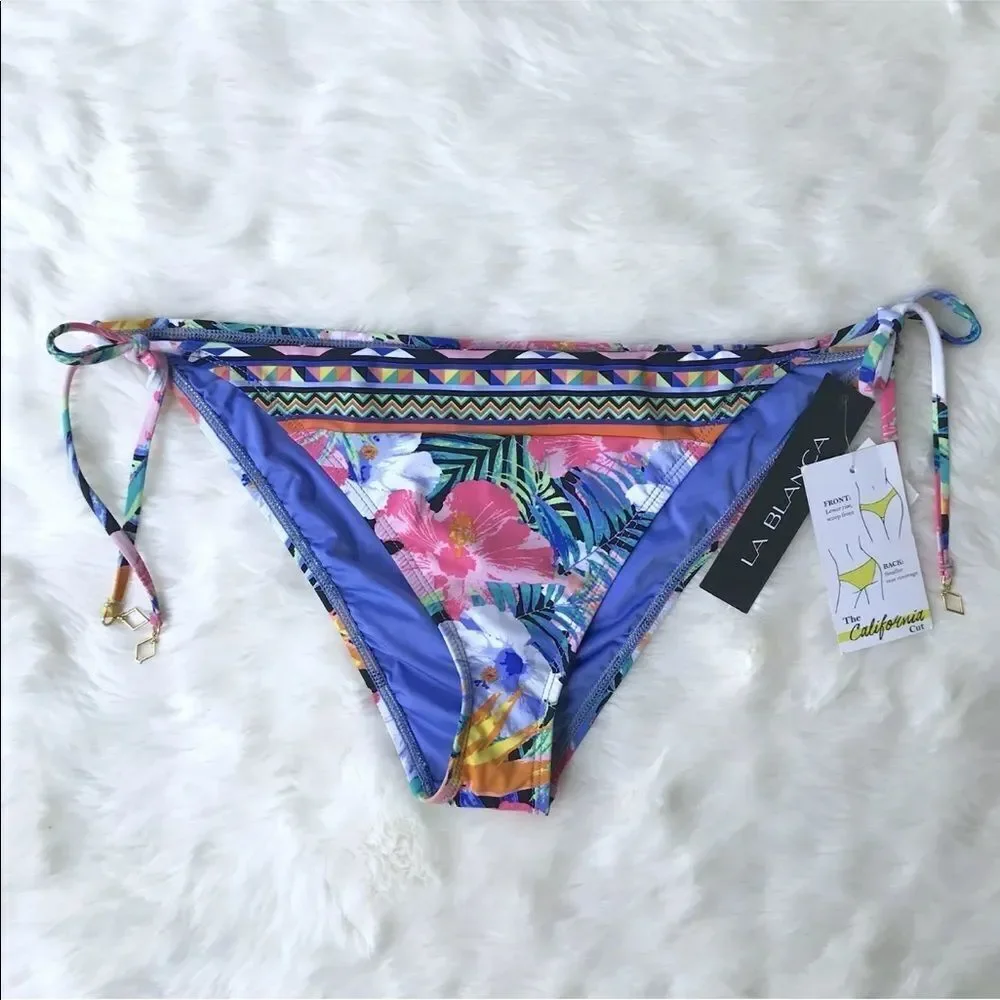 LA BLANCA Floral Print String Bikini Bottom Side Tie Low Rise Cheeky Size 12 New